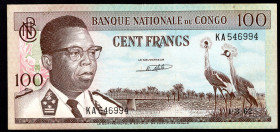 Congo Democratic Republic 100 Francs 1962
P# 6a, N# 259293; # KA546994; VF