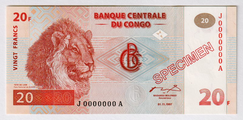 Congo Democratic Republic 20 Francs 1997 Specimen
P# 88s, N# 224103; # J0000000...