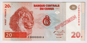 Congo Democratic Republic 20 Francs 1997 Specimen
P# 88s, N# 224103; # J0000000A; UNC