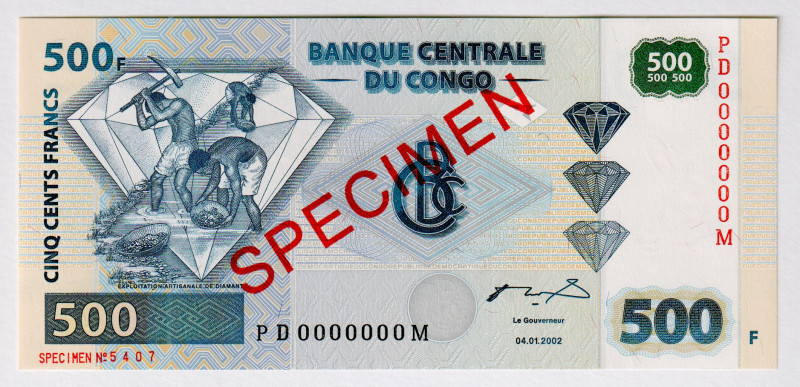 Congo Democratic Republic 500 Francs 2002 Specimen
P# 96s, N# 212968; # PD00000...