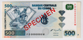 Congo Democratic Republic 500 Francs 2002 Specimen
P# 96s, N# 212968; # PD0000000M; UNC