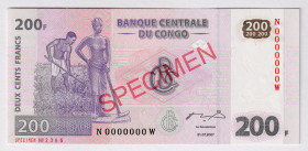 Congo Democratic Republic 200 Francs 2007 Specimen
P# 99as, N# 203245; # N0000000W; UNC