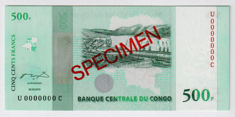 Congo Democratic Republic 500 Francs 2010 Specimen
P# 100s, N# 214107; # U00000...