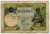 Madagascar 10 Francs 1937 - 1947 (ND)
P# 36, N# 206487; # R.488 0771; F with tears.