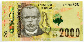 Malawi 2000 Kwacha 2016
P# 69, N# 212299; # AB1089830; UNC
