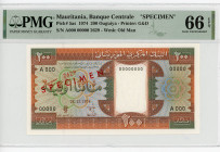 Mauritania 200 Ouguiya 1974 PMG 66 EPQ Specimen
P# 5as, N# 224283; # A000 00000 2629; UNC