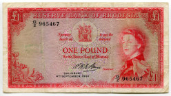 Rhodesia 1 Pound 1964
P# 25a, N# 226537; # G/2 965467; Elizabeth II; VF
