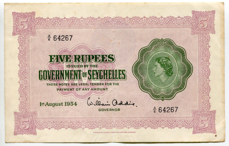 Seychelles 5 Rupees 1954
P# 11a, N# 283457; # A/6 64267; XF/XF-