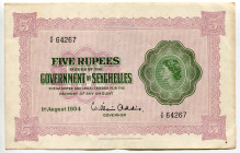 Seychelles 5 Rupees 1954
P# 11a, N# 283457; # A/6 64267; XF/XF-