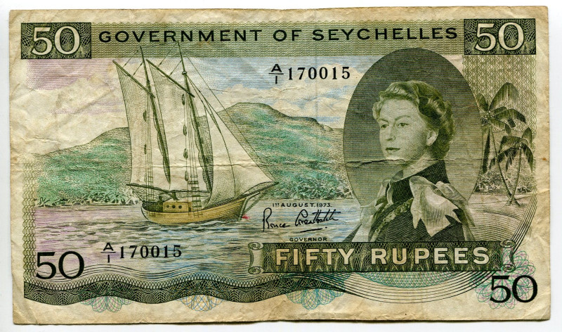 Seychelles 50 Rupees 1973
P# 17e, N# 257928; # A/I 170015; Elizabeth II; VF