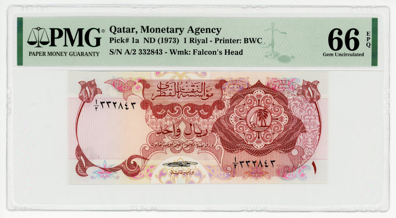 Qatar 1 Riyal 1973 (ND) PMG 66
P# 1a, N# 206221; #A2 332843