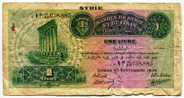 Syria 1 Livre 1939
P# 40a, N# 208296; # J/AD 038885; F-