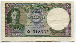 Ceylon 1 Rupee 1943
P# 34, N# 231196; # A/36 318935; XF-
