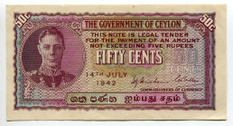 Ceylon 50 Cents 1942
P# 45a, N# 237578; # A/21 823861; AUNC