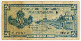 French Indochina 20 Piastres 1942 - 1945 (ND)
P# 65, N# 292306; #T077359 T918359; F-VF