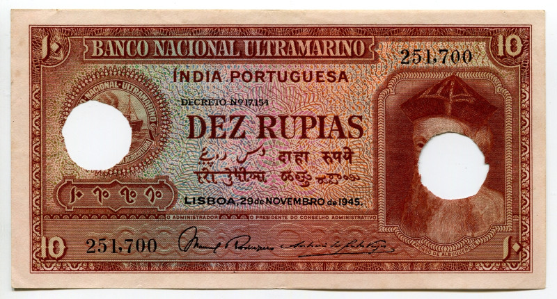 India Portuguese 10 Rupias 1945 Cancelled
P# 36, N# 215921; # 251700; 2 Punched...