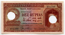 India Portuguese 10 Rupias 1945 Cancelled
P# 36, N# 215921; # 251700; 2 Punched Holes; XF-AUNC