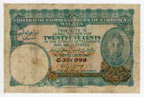 Malaya 25 Cents 1940
P# 3, N# 214601; # C396098; Straits Settlements, King George VI; VG-F