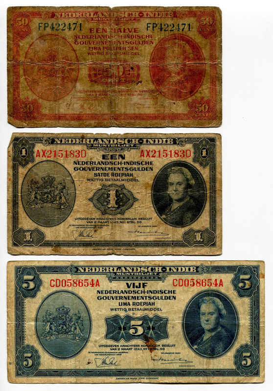 Netherlands East Indies 50 Cents - 1 - 5 Gulden 1943
P# 110, 111, 113, # FP4224...