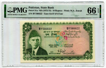 Pakistan 10 Rupees 1972 (ND) PMG 66 Fancy Number
P# 21a, N# 211156; # BY 566622; UNC