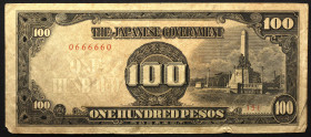 Philippines 100 Pesos 1944 (ND) Japanese Government Radar Number
P# 112a, N# 203954; # 0666660