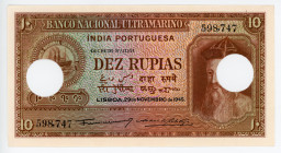 Portuguese India 10 Rupias 1945 Cancelled Note
P# 36, N# 215921; # 598747; UNC