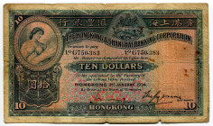Hong Kong 10 Dollars 1934 R
P# 174, N# 271004; # G750383; The Hong Kong & Shanghai Banking Corporation; F