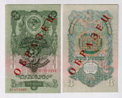 Russia - USSR 3 Roubles 1947 Specimen
P# 218s, N# 207950; # КЗ012345 - КЗ678900; Original specimens of this types are very rare; AUNC