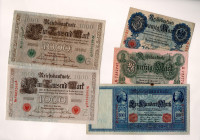 Germany - Empire Lot of 5 Banknotes 1910
P# 40 - 42, 44, 45, 20 - 50 - 100 - 2 x 1000 Mark; VF-AUNC