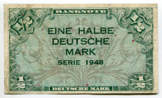 Germany - FRG 1/2 Deutcshe Mark 1948
P# 1a, N# 209160; VF