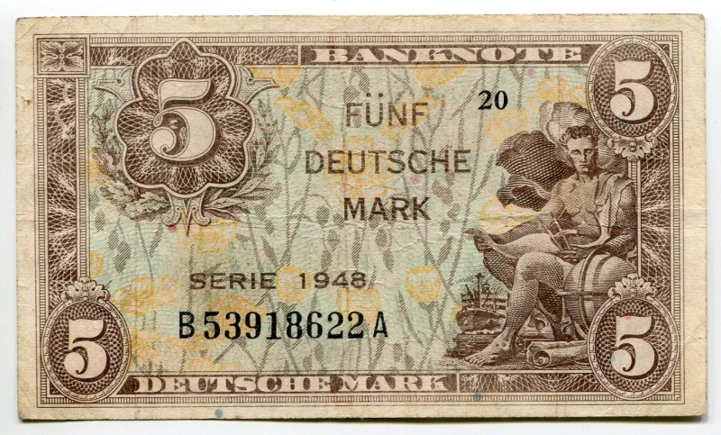 Germany - FRG 5 Deutcshe Mark 1948
P# 4a, N# 209164; # B 53918622A; F
