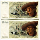 Germany - FRG 2 x 50 Deutcshe Mark 1948 WIth Consecutive Numbers
P# 14, N# 209173; # 02132 L.203 506002132 - 33; AUNC/UNC