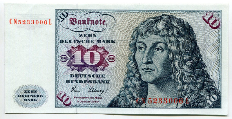 Germany - FRG 10 Deutsche Mark 1980
P# 31c, N# 204797; # CN5233006L; XF