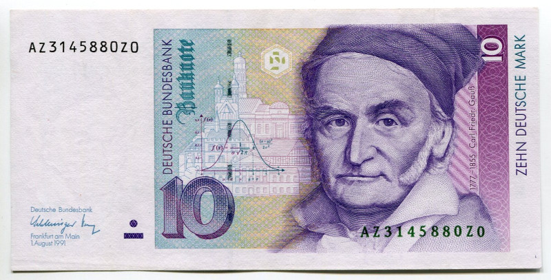 Germany - FRG 10 Deutsche Mark 1991
P# 38b, N# 203955; # AZ3145880Z0; AUNC