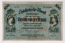 Germany - Empire Sachsen 100 Mark 1911
P# S952b, # K190531; VF