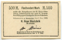 Germany - Weimar Republic Lower Saxony Obernkirchen Schauenstein 500 Mark 1922
# 9125; H. Heye Glasfabrik Schauenstein; UNC