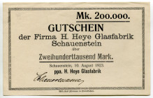 Germany - Weimar Republic Lower Saxony Obernkirchen Schauenstein 200000 Mark 1923
Keller 4949 b, H. Heye Glasfabrik Schauenstein; AUNC