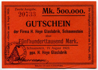 Germany - Weimar Republic Lower Saxony Obernkirchen Schauenstein 500000 Mark 1923
Keller 4949 c, # 20733; H. Heye Glasfabrik Schauenstein; AUNC
