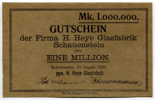 Germany - Weimar Republic Lower Saxony Obernkirchen Schauenstein 1 Million Mark 1923
Keller 4949 e, H. Heye Glasfabrik Schauenstein; AUNC