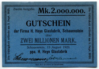 Germany - Weimar Republic Lower Saxony Obernkirchen Schauenstein 2 Millionen Mark 1923
Keller 4949 d, H. Heye Glasfabrik Schauenstein; AUNC