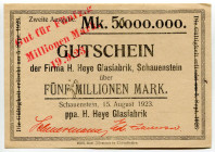 Germany - Weimar Republic Lower Saxony Obernkirchen Schauenstein 50 Millionen on 5 Millionen Mark 1923 Overprint
H. Heye Glasfabrik Schauenstein; AUN...
