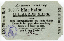 Germany - Weimar Republic Lower Saxony Obernkirchen Schauenstein 500 Millionen Mark 1923
Keller 4949 q, # 10235; H. Heye Glasfabrik Schauenstein; AUN...