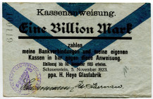 Germany - Weimar Republic Lower Saxony Obernkirchen Schauenstein 1 Milliarden Mark 1923
Keller 4949 z, # 100119; H. Heye Glasfabrik Schauenstein; VF