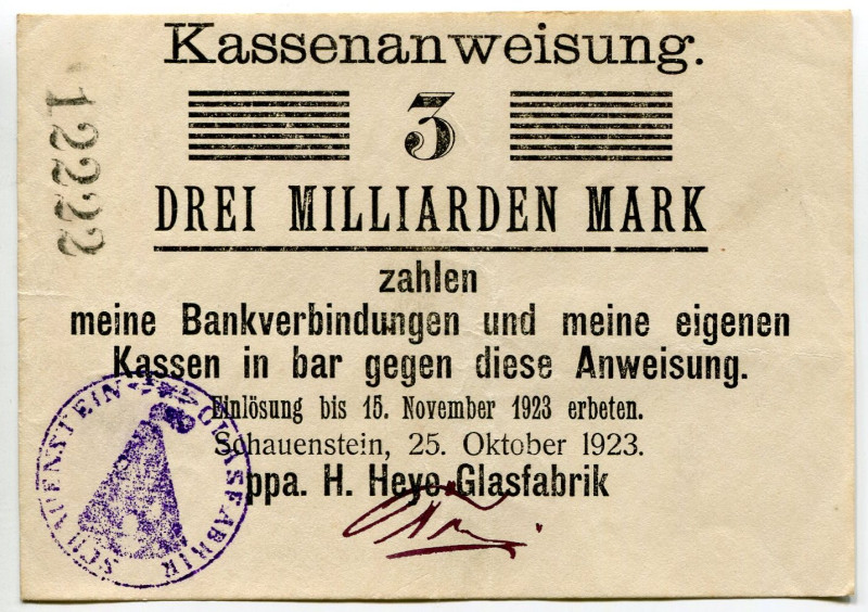 Germany - Weimar Republic Lower Saxony Obernkirchen Schauenstein 3 Milliarden Ma...