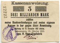 Germany - Weimar Republic Lower Saxony Obernkirchen Schauenstein 3 Milliarden Mark 1923
Keller 4949 m, # 12222; H. Heye Glasfabrik Schauenstein; XF