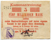 Germany - Weimar Republic Lower Saxony Obernkirchen Schauenstein 5 Milliarden Mark 1923
Keller 4949 o, # 7877; H. Heye Glasfabrik Schauenstein; VF