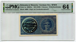 Bohemia & Moravia 1 Koruna 1939 (ND) PMG 64 Overprint
P# 1a, N# 217508; # Block A008; With Handstamp
