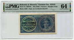 Bohemia & Moravia 1 Koruna 1939 (ND) PMG 64 Overprint
P# 1b, N# 217508; # Block A038; Machine Oveprint