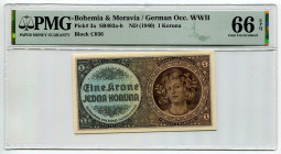 Bohemia & Moravia 1 Koruna 1940 (ND) PMG 66
P# 3a, N# 207301; # Block C036