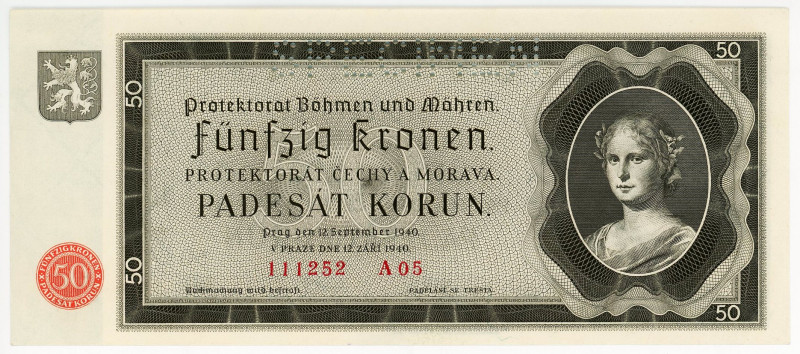 Bohemia & Moravia 50 Korun 1940 Specimen
P# 5s, N# 232620; # A05 111252; German...